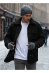 Erkek Siyah Peluş Gömlek Yaka Modeli Düğmeli Ceket Hırka Mont Sweatshirt Polar