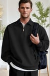 Erkek Siyah Yarım Fermuar Polo Yaka Oversize Salaş Bol Kesim Polar Sweatshirt