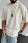 Erkek Taş Geyik Baskılı Oversize Fit Bol Geniş Kalıp Salaş Kesim T-shirt