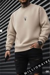 Erkek Taş Kum Bej Geyik Soft 3 İplik içi Şardonlu 0 Sıfır Yaka Oversize Salaş Sweatshirt