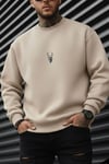 Erkek Taş Kum Bej Geyik Soft 3 İplik içi Şardonlu 0 Sıfır Yaka Oversize Salaş Sweatshirt