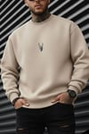 Erkek Taş Kum Bej Geyik Soft 3 İplik içi Şardonlu 0 Sıfır Yaka Oversize Salaş Sweatshirt