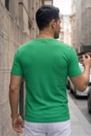 Erkek Yeşil Bisiklet Yaka Fitilli Örme Dik Çizgi Regular Kalıp Kısa Kol Tişört