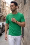 Erkek Yeşil Bisiklet Yaka Fitilli Örme Dik Çizgi Regular Kalıp Kısa Kol Tişört