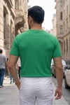 Erkek Yeşil Bisiklet Yaka Fitilli Örme Dik Çizgi Regular Kalıp Kısa Kol Tişört