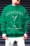 Erkek Yeşil Club Martini Baskılı 0 Sıfır Yaka Oversize Salaş Bol Kesim Polar Sweatshirt