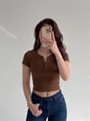 Kadın Acı Kahve Kısa Kollu Patlı Düğmeli Bisiklet Yaka Fitilli Kaşkorse Bluz Body