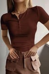 Kadın Acı Kahve Kısa Kollu Patlı Düğmeli Bisiklet Yaka Fitilli Kaşkorse Bluz Body