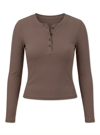 Kadın Açık Kahve Düğme Detaylı Patlı Düğmeli Bisiklet Yaka Uzun Kollu Fitilli Kaşkorse Bluz Body