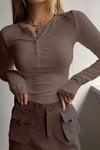 Kadın Açık Kahve Düğme Detaylı Patlı Düğmeli Bisiklet Yaka Uzun Kollu Fitilli Kaşkorse Bluz Body