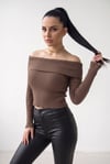 Kadın Açık Kahverengi Madonna Yarı Crop Fitilli Bluz Kazak