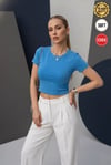 Kadın Açık Mavi Renkli Bisiklet Yaka Likralı Kısa Kol Body Crop Bluz