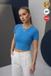 Kadın Açık Mavi Renkli Bisiklet Yaka Likralı Kısa Kol Body Crop Bluz