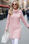 Kadın Açık Pembe Degaje Boğazlı Yaka Kalın Örgü İtalyan Kol Yırtmaçlı Uzun Tunik Elbise Triko Kazak