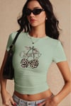 Kadın Açık Yeşil Kiraz Leopar Desenli Bisiklet Yaka Likralı Kısa Kol Body Crop Bluz