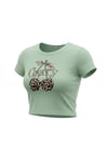 Kadın Açık Yeşil Kiraz Leopar Desenli Bisiklet Yaka Likralı Kısa Kol Body Crop Bluz