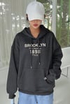 Kadın Antrasit Melanj 1898 Baskılı Kapüşonlu Oversize 3 iplik Şardonlu Salaş Bol Kesim Hoodie Sweatshirt