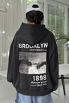 Kadın Antrasit Melanj 1898 Baskılı Kapüşonlu Oversize 3 iplik Şardonlu Salaş Bol Kesim Hoodie Sweatshirt