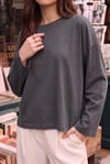 Kadın Antrasit T-shirt Geniş Kol Bisiklet Yaka Uzun Kollu Tişört