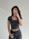 Kadın Antrasit U Yaka Kısa Kollu Fitilli Kaşkorse Bluz Body