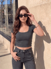 Kadın Antrasit U Yaka Kısa Kollu Fitilli Kaşkorse Bluz Body