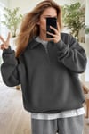 Kadın Antrasit Yarım Fermuar Polo Yaka Oversize Salaş Bol Kesim Polar Sweatshirt