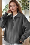 Kadın Antrasit Yarım Fermuar Polo Yaka Oversize Salaş Bol Kesim Polar Sweatshirt