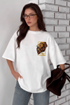 Kadın Aslan Baskılı Beyaz Bisiklet Yaka Oversize Salaş T-Shirt