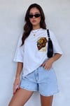 Kadın Aslan Baskılı Beyaz Bisiklet Yaka Oversize Salaş T-Shirt