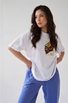 Kadın Aslan Baskılı Beyaz Bisiklet Yaka Oversize Salaş T-Shirt