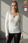 Kadın Beyaz Armut Yaka Çengel Detaylı Kancalı Uzun Kollu Fitilli Extra Soft Yumuşak Bluz Body