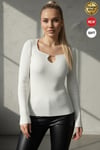 Kadın Beyaz Armut Yaka Çengel Detaylı Kancalı Uzun Kollu Fitilli Extra Soft Yumuşak Bluz Body