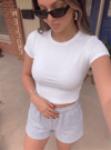 Kadın Beyaz Bisiklet Yaka Kısa Kollu Fitilli Kaşkorse Crop Bluz