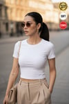 Kadın Beyaz Bisiklet Yaka Likralı Kısa Kol Body Crop T-Shirt