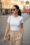 Kadın Beyaz Bisiklet Yaka Likralı Kısa Kol Body Crop T-Shirt