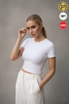 Kadın Beyaz Bisiklet Yaka Likralı Kısa Kol Body Crop Bluz