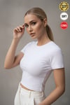 Kadın Beyaz Bisiklet Yaka Likralı Kısa Kol Body Crop Bluz