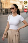Kadın Beyaz Bisiklet Yaka Likralı Kısa Kol Body Crop T-Shirt