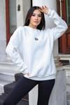 Kadın Beyaz Free Life Baskılı 0 Sıfır Yaka Oversize Salaş Bol Kesim Polar Sweatshirt