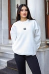 Kadın Beyaz Free Life Baskılı 0 Sıfır Yaka Oversize Salaş Bol Kesim Polar Sweatshirt