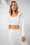 Kadin Beyaz Kapüşonlu Fermuarlı 3 Üç İplik Polar Kanguru Oversize Salaş Sweatshirt Zip Up Hoodie