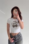 Kadın Beyaz Kiraz Leopar Desenli Bisiklet Yaka Likralı Kısa Kol Body Crop Bluz