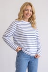 Kadın Beyaz Mavi Geniş Kol İnce Çizgili İki İplik Oversize Sweatshirt