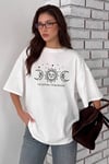 Kadın Beyaz Oversize Celestial Sun Moon Baskılı T-Shirt - K2113