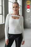 Kadın Beyaz U Yaka Bant Detaylı Uzun Kollu Fitilli Extra Soft Yumuşak Bluz Body