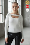 Kadın Beyaz U Yaka Bant Detaylı Uzun Kollu Fitilli Extra Soft Yumuşak Bluz Body