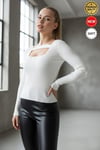 Kadın Beyaz U Yaka Bant Detaylı Uzun Kollu Fitilli Extra Soft Yumuşak Bluz Body