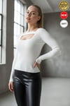 Kadın Beyaz U Yaka Bant Detaylı Uzun Kollu Fitilli Extra Soft Yumuşak Bluz Body