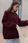 Kadın Bordo Basic 0 Sıfır Yaka Baskısız Düz Oversize Salaş Bol Kesim Polar Sweatshirt 