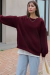 Kadın Bordo Basic 0 Sıfır Yaka Baskısız Düz Oversize Salaş Bol Kesim Polar Sweatshirt 